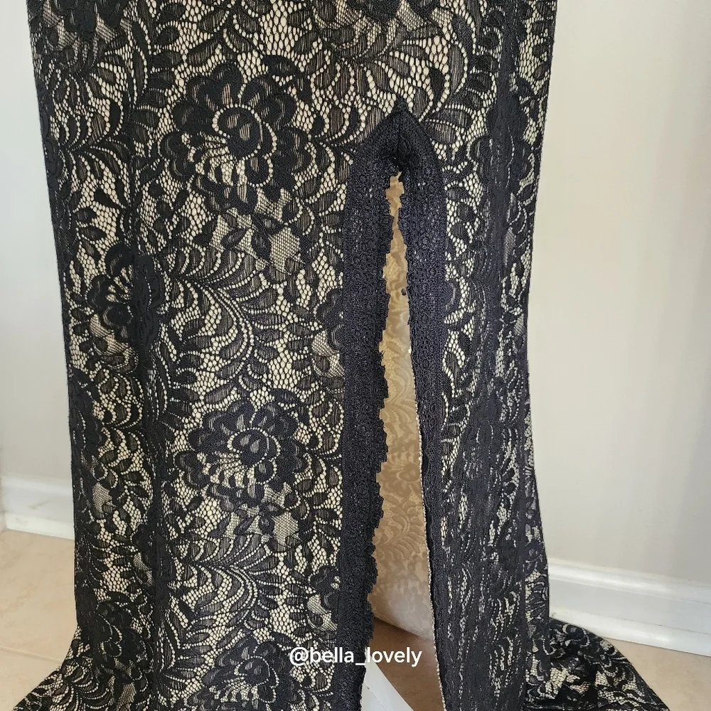 Formal Elegant Black Cream Lace Backless Sheer Back Dress - Picture 8 of 12